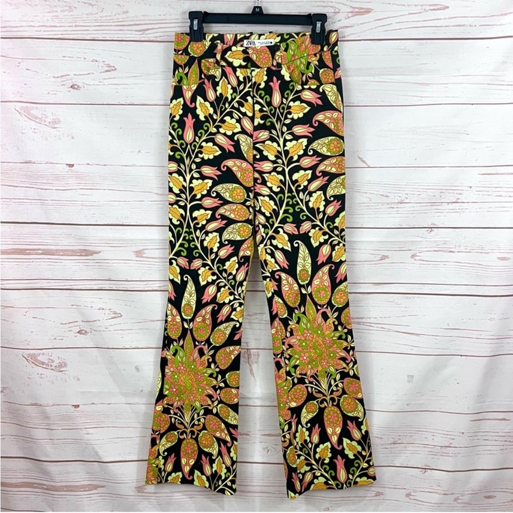 Zara High Rise Retro Mod Neon Paisley Floral Flare Pants Blogger’s Favorite